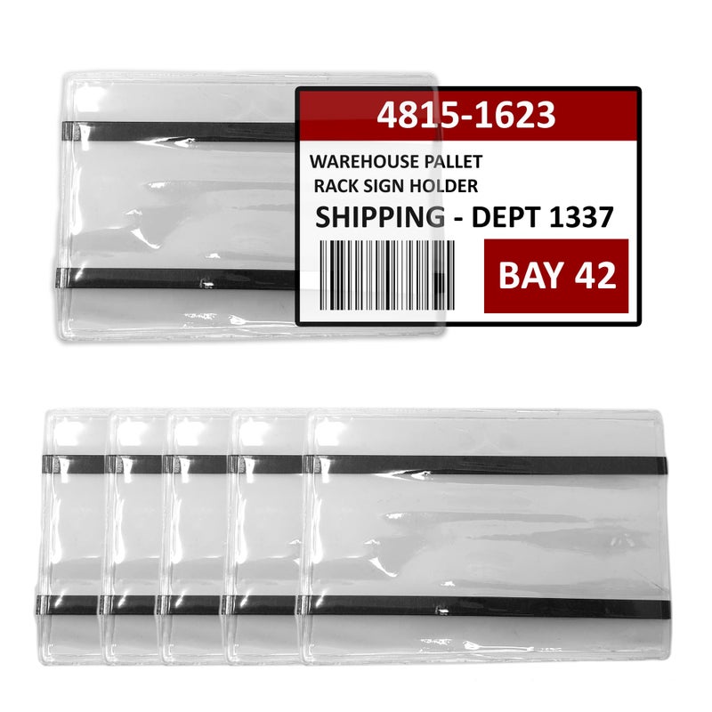 Store Fixtures Direct Pallet Rack Sign Holder Kit Clear Vinyl Pouch with Magnet for 4" H x 6" L Cards - 10 Pack - Image 1